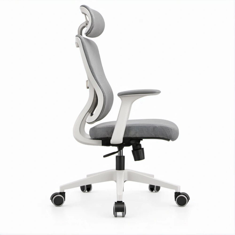 Ergonomiczne krzesło biurowe obrotowe z regulowanym zagłówkiem szaro-białe 65 x 65 x 116–126 cm
