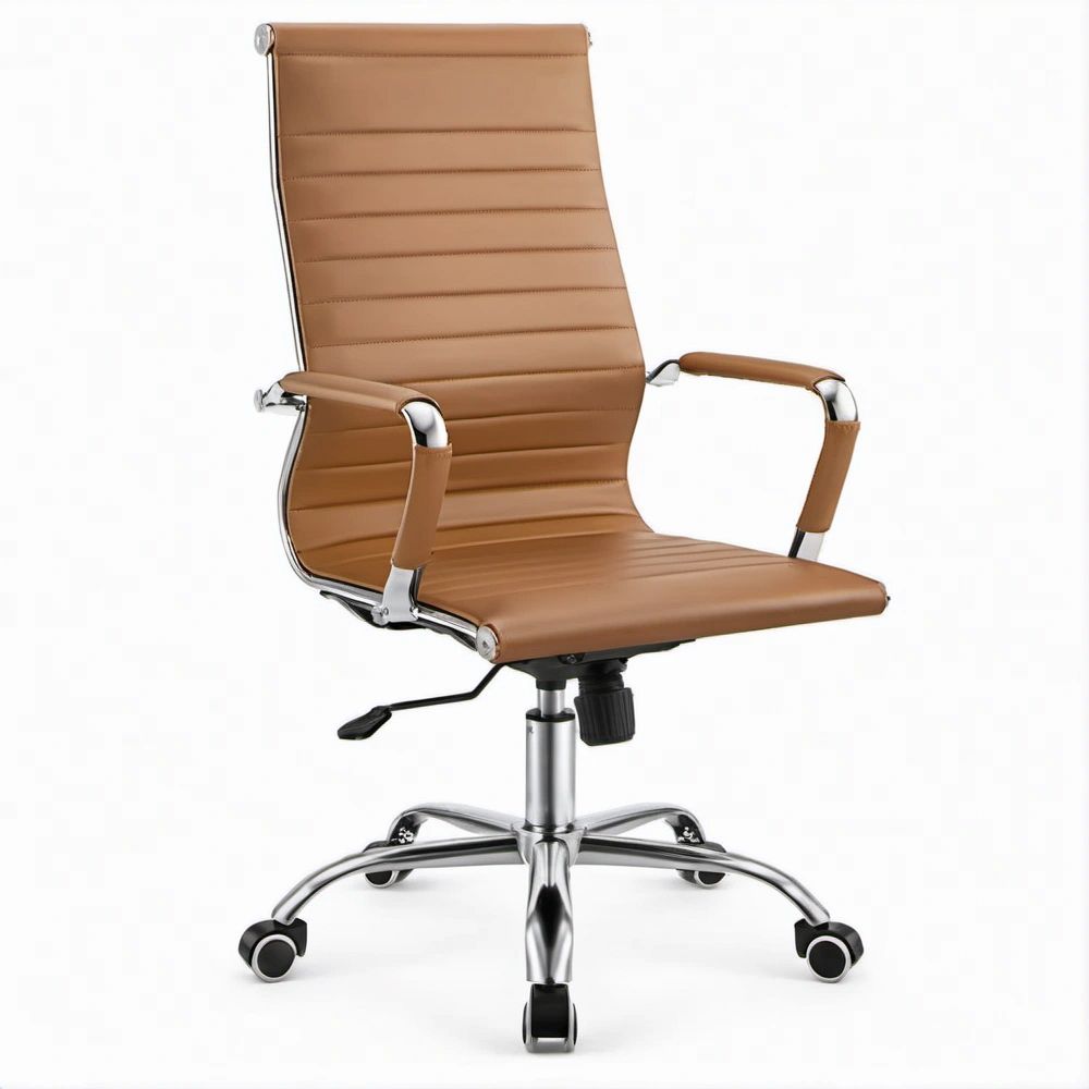 Brązowy fotel obrotowy z ekoskóry PU, chromowana podstawa, 62 x 62 x 112–122 cm