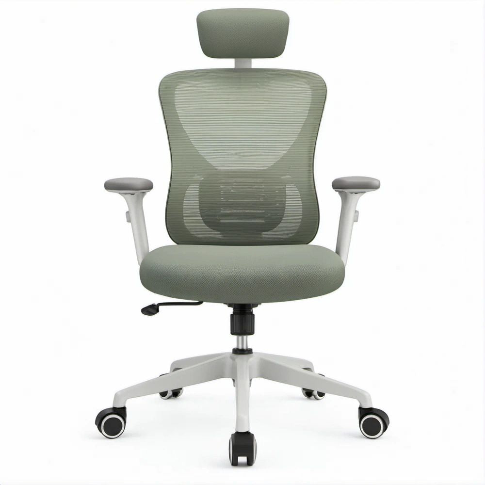 Ergonomiczny fotel biurowy obrotowy z zagłówkiem i siatkowym oparciem, oliwkowy/biały/czarny, 64 x 64 x 118-128 cm