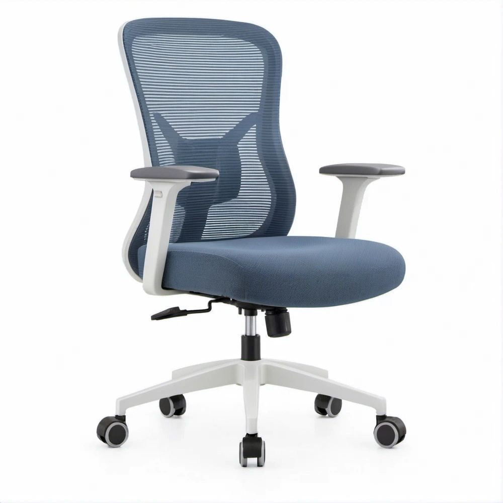 Ergonomiczne krzesło obrotowe niebiesko-białe z siatkowym oparciem, 65 × 65 × 116–126 cm