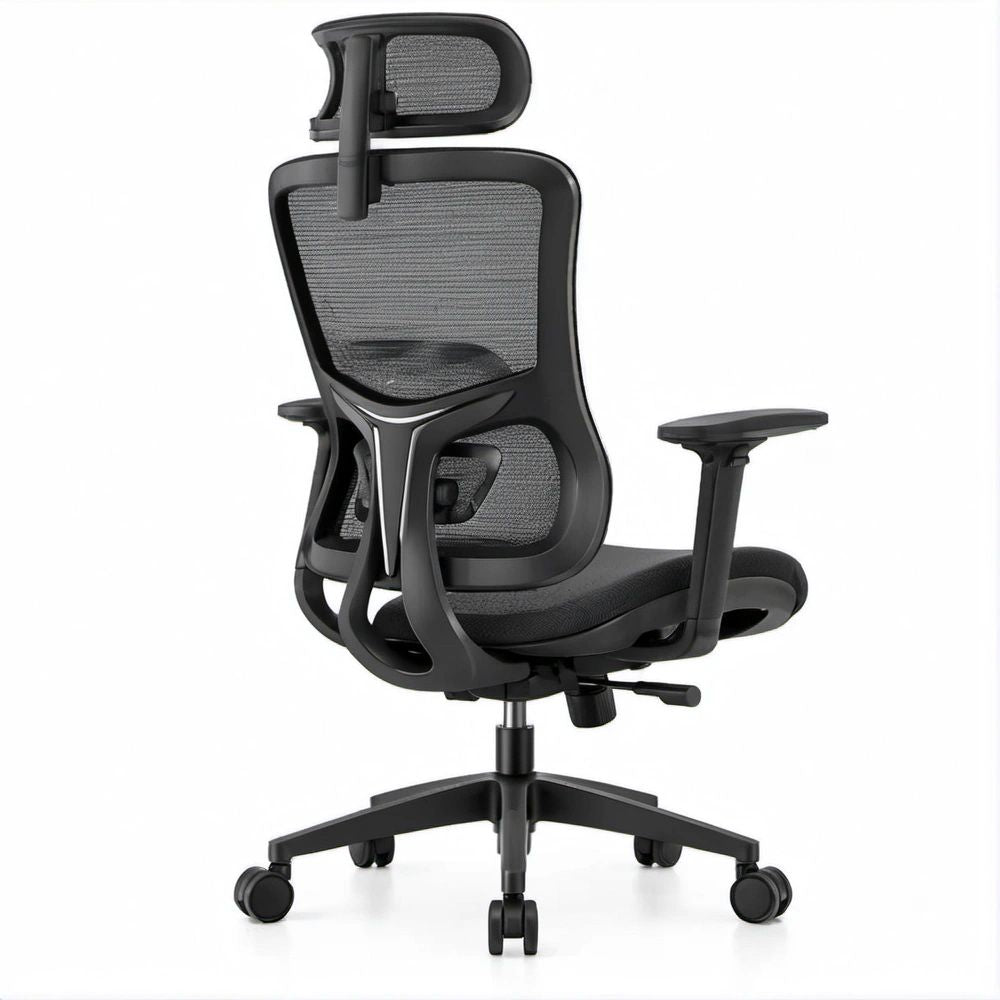 Ergonomiczny czarny fotel biurowy z siatkowym oparciem i zagłówkiem, 66 x 66 x 118–128 cm