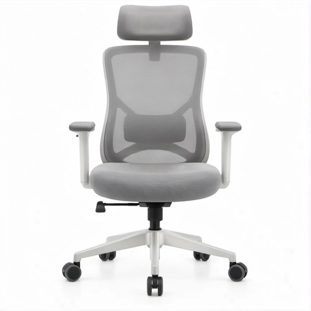 Ergonomiczne obrotowe krzesło biurowe z regulowanym zagłówkiem, szare/srebrne/czarne, 64 x 64 x 116–126 cm