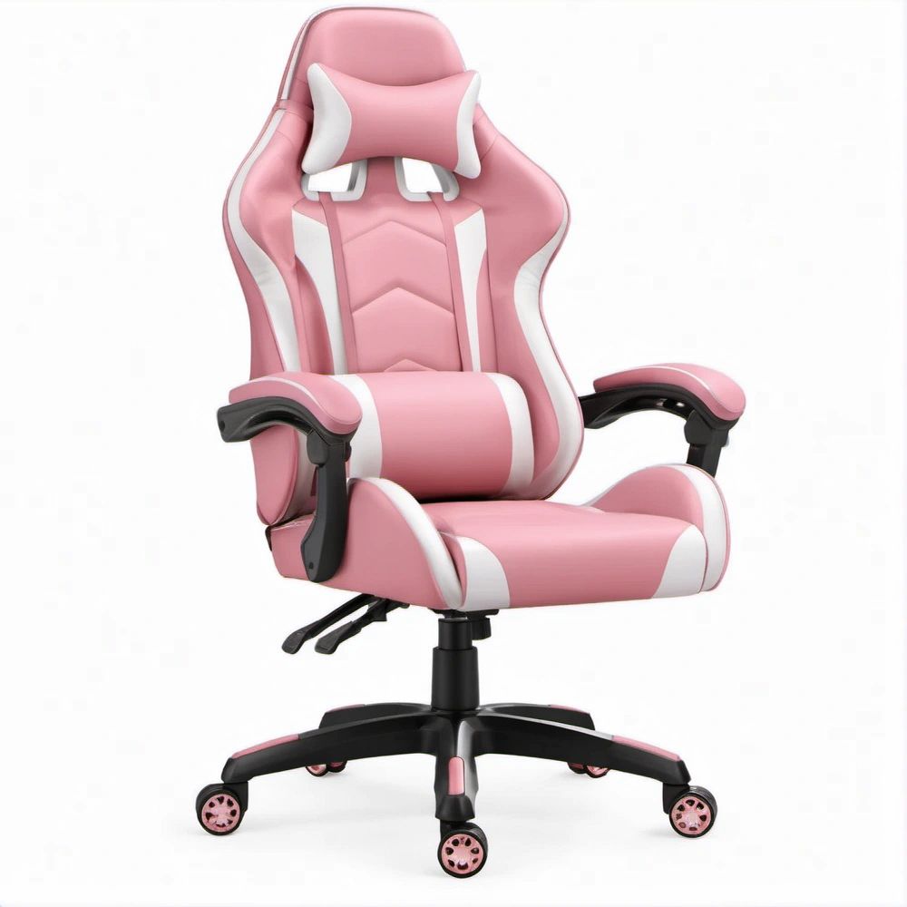 Ergonomiczny fotel gamingowy różowo-biały z podnóżkiem 65 x 65 x 118–128 cm