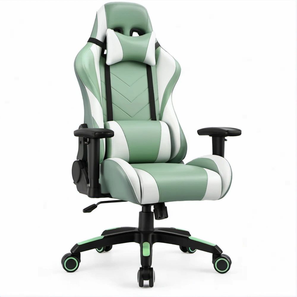 Ergonomiczny fotel gamingowy miętowo-biało-czarny ze skóry syntetycznej PU, 66 x 65 x 118–128 cm