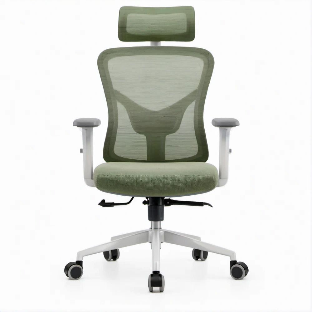 Ergonomiczny fotel obrotowy z zagłówkiem i siatkowym oparciem, oliwkowozielony, 66 x 66 x 118–128 cm