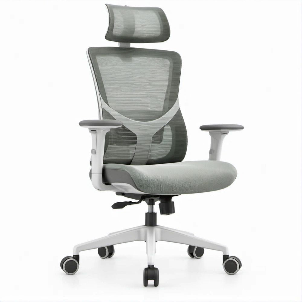 Ergonomiczne krzesło biurowe obrotowe z regulowanym zagłówkiem, szare, 65 x 65 x 118–128 cm