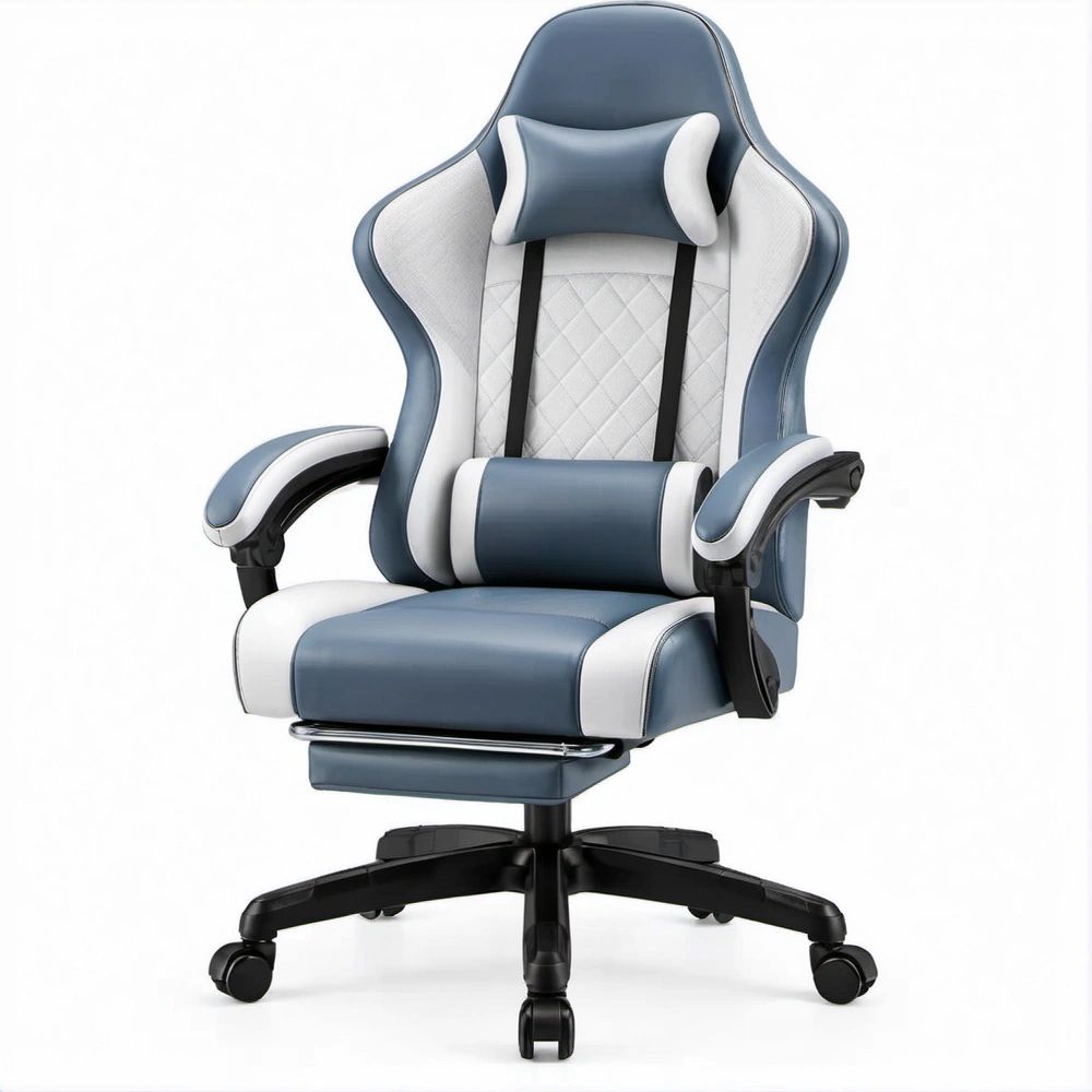 Ergonomiczny fotel gamingowy granatowo-biały z podnóżkiem, 62 × 66 × 120–130 cm